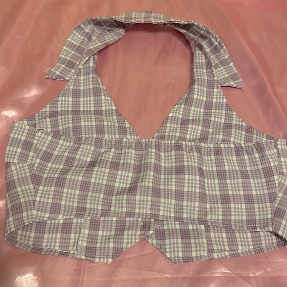 Y2K Purple Plaid ButtonUp Collared Halter Top w/Matching Skirt - Picture 5 of 6